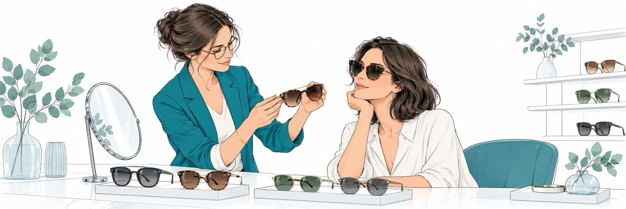 l’opticienne présente des lunettes de soleil 2 grande